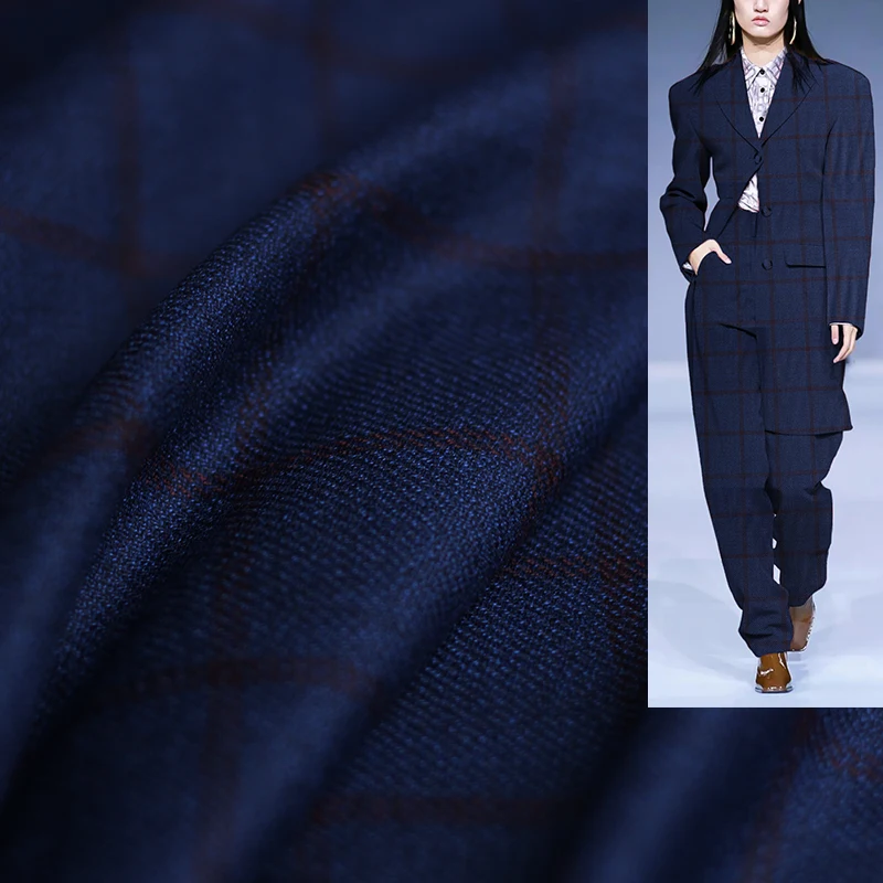 Sewing Tweed - Redraspberry, Синяя Клетчатая Шерстяная ткань из